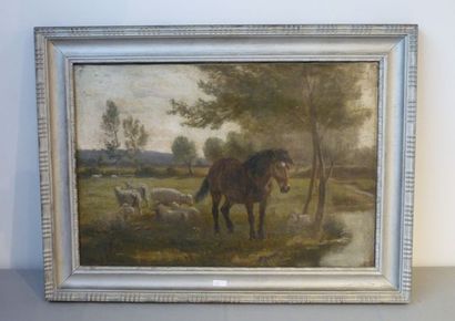ELIAS Alfred (1885-1911) "Prairie avec cheval et moutons", huile sur toile, signée...