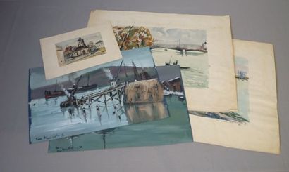 LAVOINE Robert (1916-1999) "Vues maritimes" et "Église", XXe, lot de cinq aquarelles...