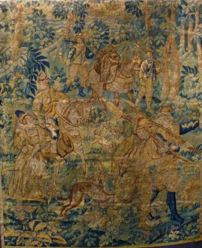 FLANDRES "Verdures avec scènes de chasse", XVIIe, paire de tapisseries, 173x136 et...