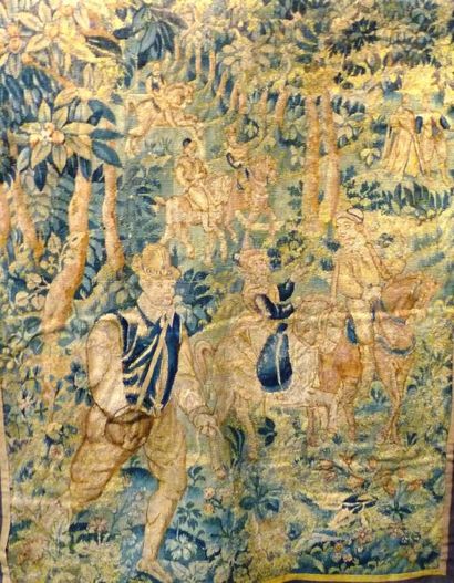 FLANDRES "Verdures avec scènes de chasse", XVIIe, paire de tapisseries, 173x136 et...