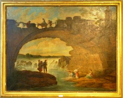 null École française dans le goût d'Hubert ROBERT, "Lavandières sous un pont", XIXe,...