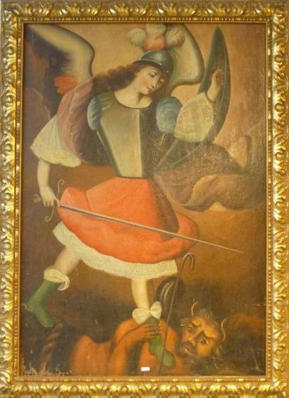 null École péruvienne de CUZCO, "Saint Michel terrassant le dragon", fin XVIIIe,...