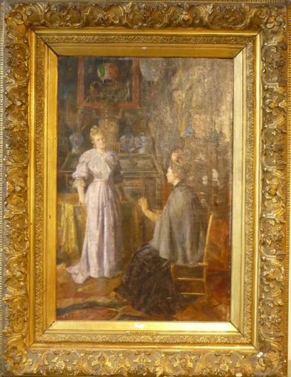 CHARLET Émile (1851-1910) "Scène d'intérieur", [18]95, huile sur toile, signée et...