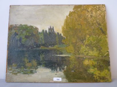 PAVIL A. "Vue d'un étang", XXe, huile sur panneau, signée en bas à droite, 26,5x34...