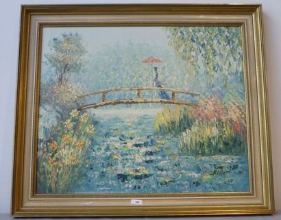 null École impressionniste, "Élégante sur un pont", XXe, huile sur toile, signée...