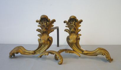 null Paire de chenets de style Rocaille, XIXe, bronze doré, 20,5x26,5x35,5 cm.