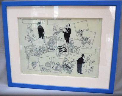 null Tintin, Hergé, "Bonjour Monsieur le Libraire", dessin replica dans un cadre...