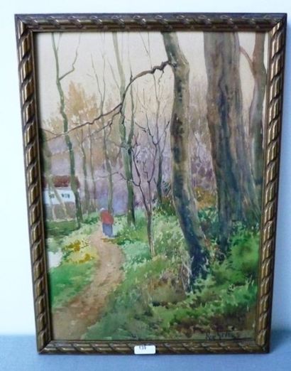 GEVERS René (1869-) "Chemin forestier", début XXe, aquarelle sur papier, signée en...