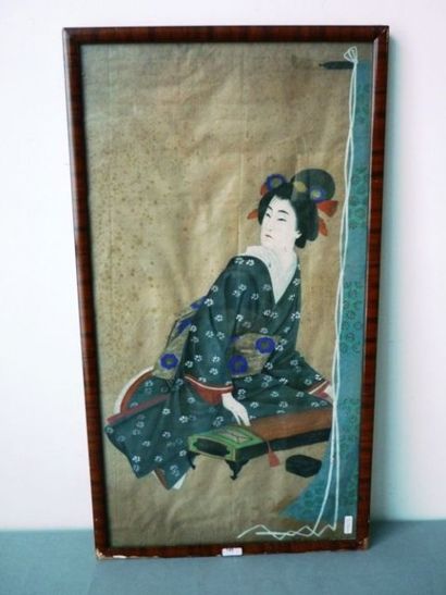 JAPON "Musicienne", ère Meiji / fin XIXe - début XXe, couleurs sur soie, 61,5x32,5...