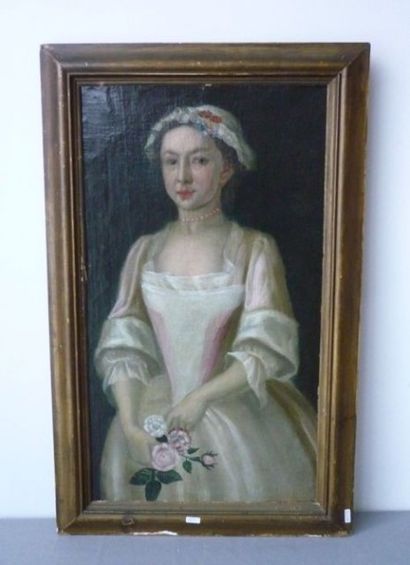 null ANONYME, "Jeune femme au bouquet", fin XVIIIe, huile sur toile, 75x43 cm.
