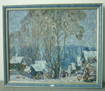 ÉCOLE RUSSE "Village enneigé", 1985, huile sur toile, signée en bas à droite, datée...