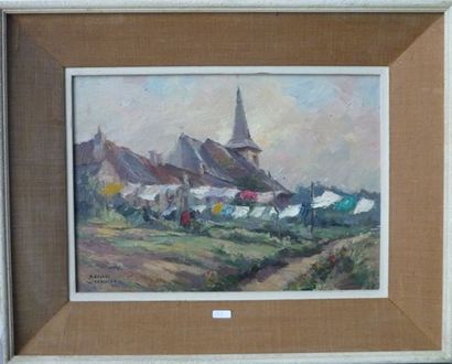 WERNAERS Adrien (1899-1977) "Lavandière derrière une église", XXe, huile sur panneau,...