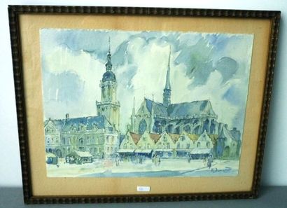 Ecole Belge "Place animée", XXe, encre et aquarelle sur papier, signée en bas à droite,...