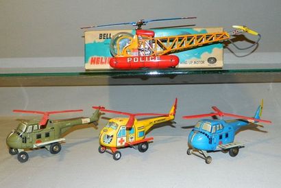 AVIATION Hélicoptères (4) : TM Japan, BELL-47 en tôle, Wind up Motor, rouge et jaune...