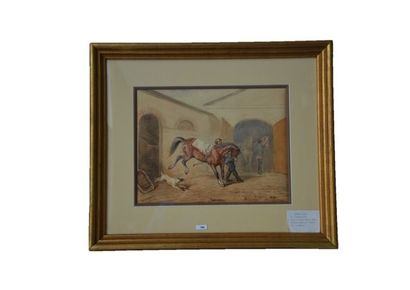 VERNET Pierre "Cheval ruant", XIXe, aquarelle sur papier, signée en bas à gauche,...