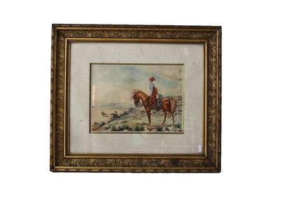 ECOLE FRANCAISE "Zouave à cheval", début XXe, aquarelle sur papier, signée [L'HERMINIER]...