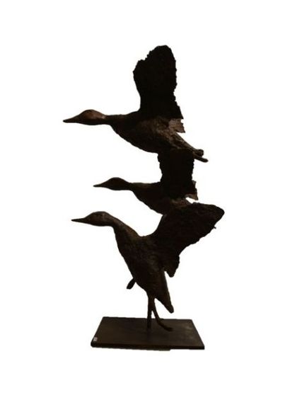 DEL MARMOL Emmanuel "Envol de canards", XXIe, important groupe en bronze patiné,...