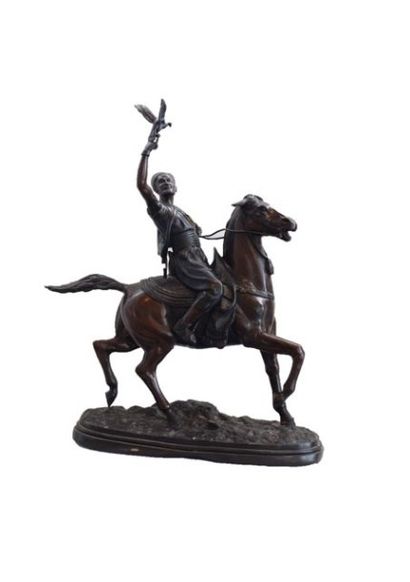 null "Cavalier maure au faucon", sculpture en régule, h. 69 cm.