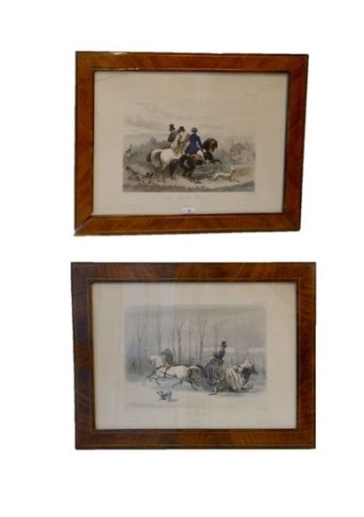 null "Le Traineau" et "La Visite de voisinage", XIXe, paire de lithographies rehaussées,...