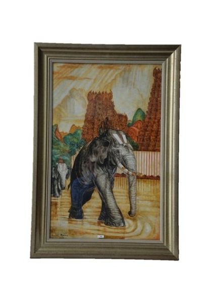 MAIRE André (1898-1984) "Éléphants aux Indes", 1939, huile sur panneau, signée et...