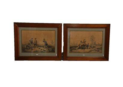 null ANONYME, "Scènes de chasse", 1847 et 1856, paire d'encres et couleurs sur papier,...