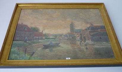 JANLET Henri (1857-1935) "Canal animé en Flandre", début XXe, aquarelle sur papier,...