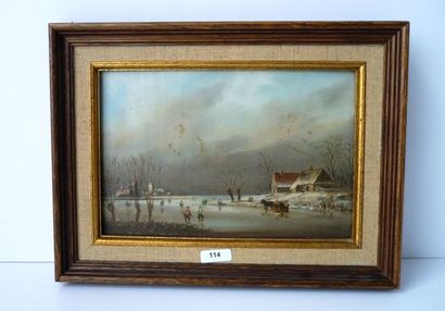 null ANONYME, "Paysage hivernal animé", début XXe, huile sur panneau, 15x22 cm.