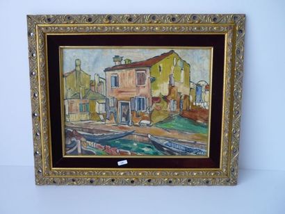 ÉCOLE BELGE - DUBOIS Raphaël "Vue d'un canal", XXe, huile sur toile, 11,5x15 cm.