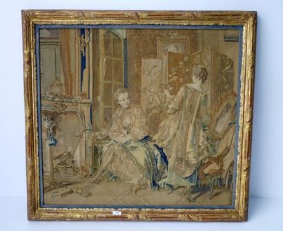 null "La Toilette", travail ancien, fragment de tapisserie encadrée, 54,5x59,5 c...