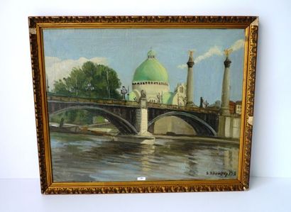 BIHOWSKY G. "Liège - Pont de Fragnée dit Pont aux anges", 1931, huile sur toile,...