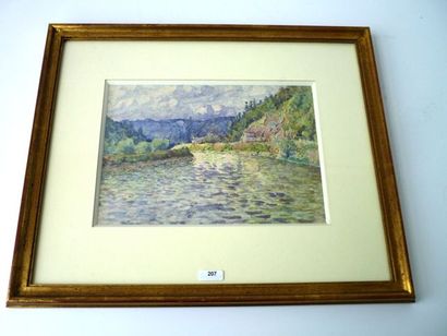 ECOLE FRANCAISE "Paysage fluvial", XXe, aquarelle sur papier, signée en bas à droite,...