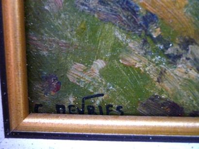 DEVRIES C. "Chemin forestier animé", XXe, huile sur panneau, signée en bas à gauche,...