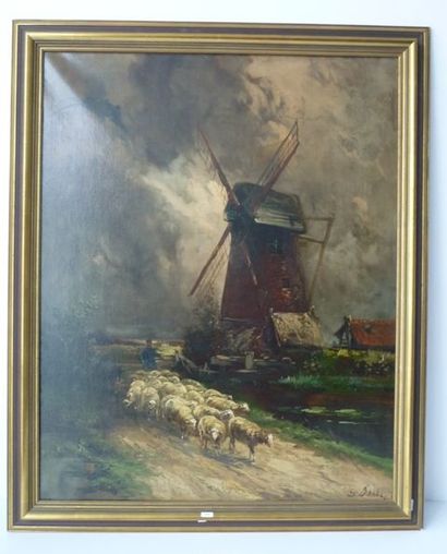 École hollandaise "Troupeau au pied d'un moulin", début XXe, huile sur toile, signée...