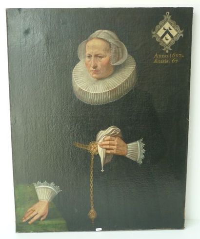 null ANONYME, "Portrait d'une femme de qualité", 1637, huile sur toile rentoilée,...
