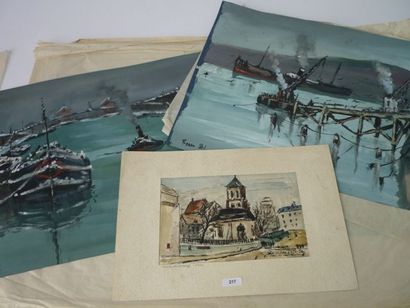 LAVOINE Robert (1916-1999) "Vues maritimes" et "Église", XXe, ensemble de cinq aquarelles...
