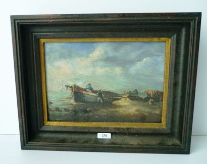 null ANONYME, "Pêcheurs", début XXe, huile sur panneau, 16x22,5 cm.