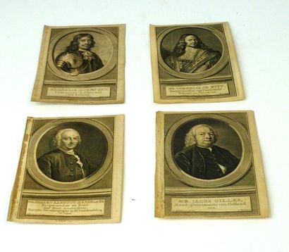 HOLLANDE "Portraits de notables", XVIIIe, suite de quatre estampes, 17x10,5 cm.