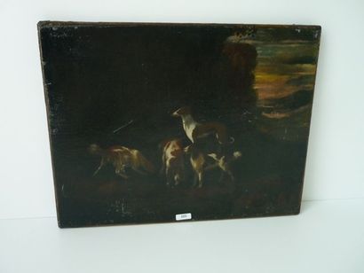 null ANONYME, "Chiens de chasse dans un paysage", XVIIe, huile sur toile rentoilée,...