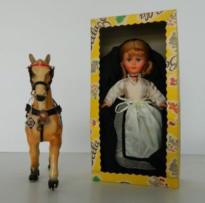 null STEHA Germany, rare cheval en boîte d'origine, l. 27 cm - on y joint 1 poupée...