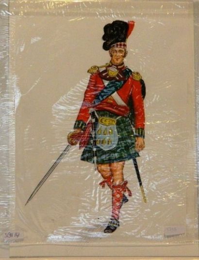 null FUNCKEN, dessin original à la gouache représentant "Un officier des Gordon Highlanders",...