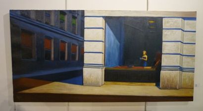 null "Femme à l'épître dans le goût de Hopper", XXIe, huile sur toile, monogrammée...