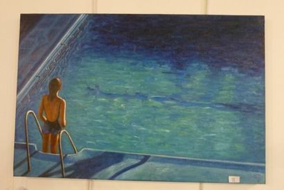 null "Femme au bord d'un piscine", XXIe, huile sur toile, monogrammée en bas à droite,...