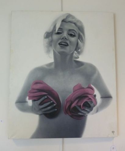 null "Marilyn aux roses", XXIe, huile sur toile, monogrammée en bas à droite, 120x100...
