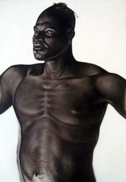 null "Guerrier africain dans le goût de Jouve", XXIe, huile sur toile, monogrammée...