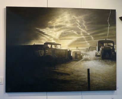null "Nuit d'orage", XXIe, huile sur toile, monogrammée en bas à gauche, 105x140...