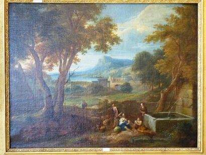 null ÉCOLE FRANCAISE, "Paysage animé à la fontaine", XVIIIe, huile sur toile, 56x72...