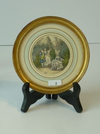 null Petite estampe romantique encadrée dans un médaillon doré, XIXe, d. 7 cm.