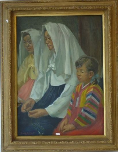 PARK Duk-Soon (Corée, 1910-1990) "Family Rosary", XXe, huile sur toile, signée et...