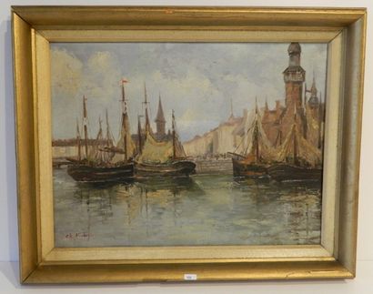 HOUBEN Charles (1871-1931) "Vue d'un port", XXe, huile sur toile, signée en bas à...