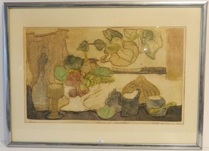 KERKOVIUS Ruth (1921) "Room at Marateo", [19]65, estampe polychrome, signée et datée...